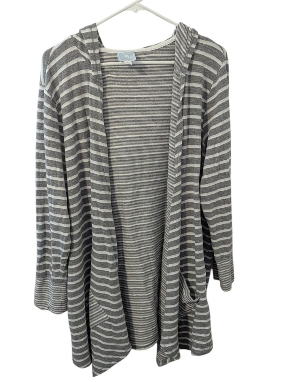 Comfy Gray and White Striped Hooded Cardigan - Picture 1 of 4